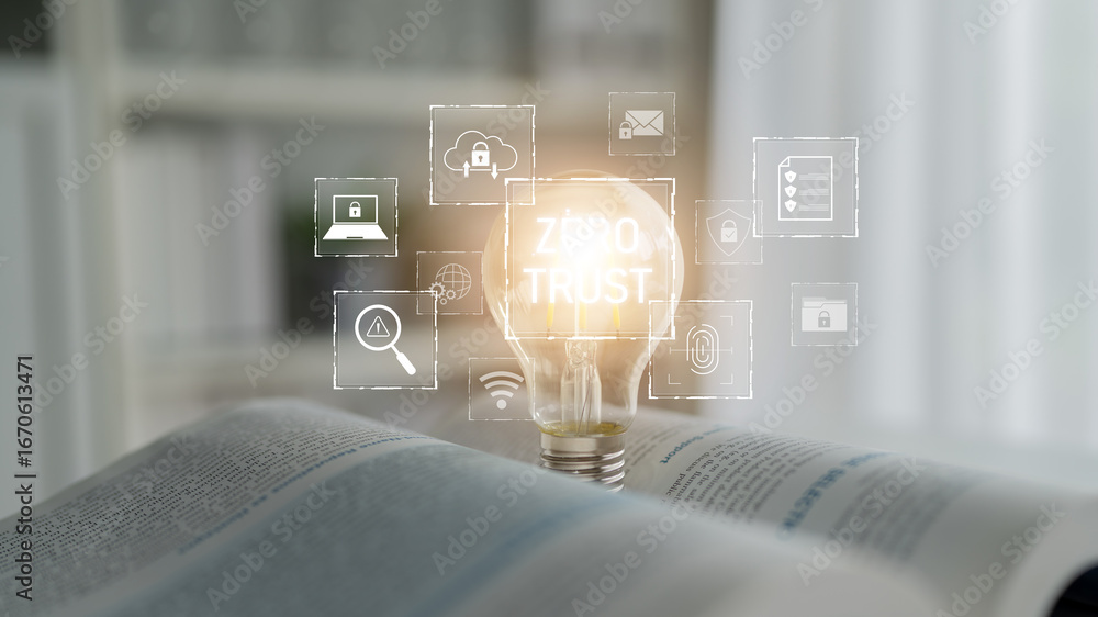 Poster zero trust model enhances data protection. zero trust blocks unauthorized access, secures devices, z