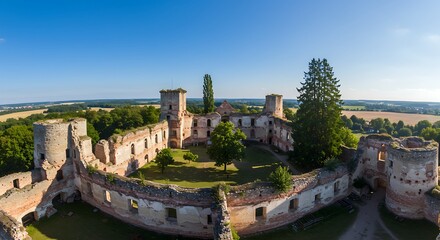 Naklejka premium Aerial panoramic of crumbling ruins of the Tenczyn Castle with a vibrant blue sky backdrop