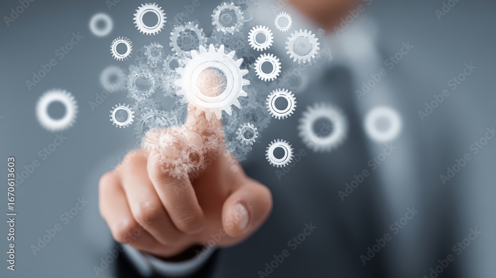 Poster a business person interacts with gears symbolizing innovation and progress in technology.