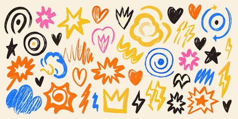 Vibrant collection of hand drawn abstract shapes and symbols in bold colors