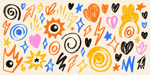 Vibrant hand drawn abstract shapes and symbols with hearts stars and lightning bolts