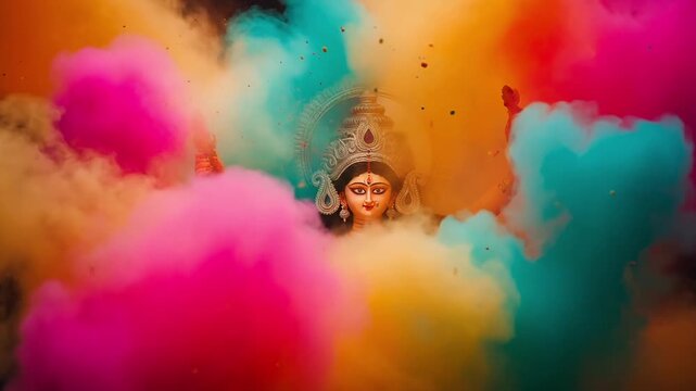 Colorful Celebration Around Maa Durga During Navratri Festival with Vibrant Powder Clouds