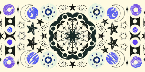 Bohemian celestial pattern with moons stars and mandala motifs in black and blue
