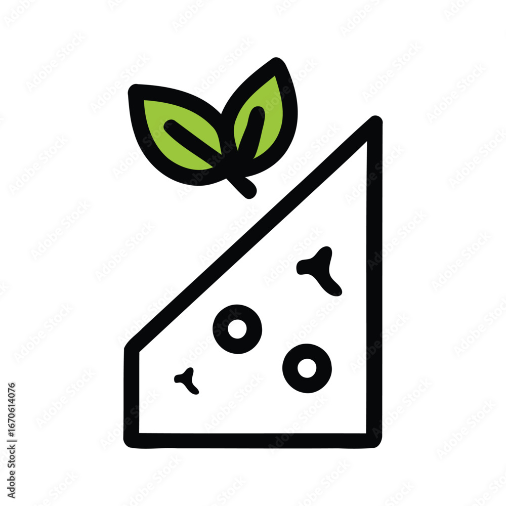 Poster illustration of a triangular cheese slice with holes and green leaves on top in vector format