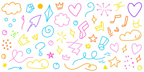 Vibrant hand drawn doodle elements featuring hearts stars clouds crowns and swirls on white background