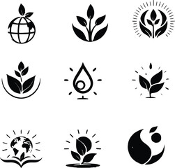 Collection of nine black and white nature themed logo designs on a white background in a grid format