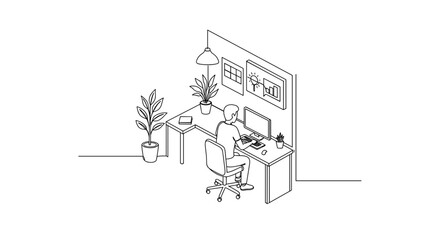Person working in isometric coworking space illustration of line art  