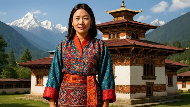 Smiling Woman in Traditional Bhutanese Kira Standing Before a Majestic Dzong and Snow-Capped Himalayan Mountains