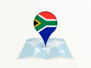 Fototapeta premium South Africa Map Pin with National Flag on Open World Map.