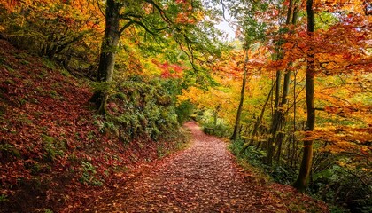 Obraz premium a tranquil forest path surrounded by colorful autumn leaves and lush greenery perfect for nature lovers