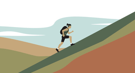 Obraz premium Woman Hiking Up a Hill With Backpack Outdoor Adventure Vector Illustration