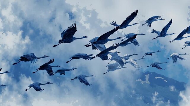 Migratory bird flock crane silhouette in flight across sky and cloud, wildlife migration nature scene with wings spread and graceful serene motion