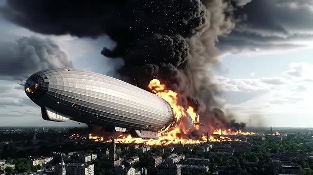 Burning Zeppelin Over City Landscape With Dense Black Smoke and Intense Flames