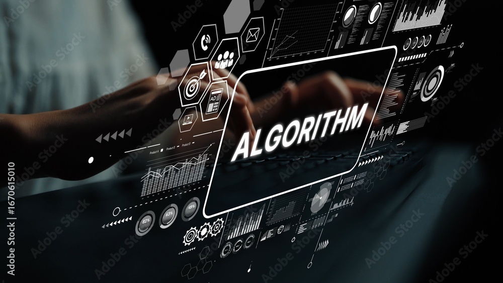 Poster digital representation of algorithm with computer interface and data analysis over a blurred backgro