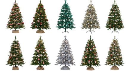 Nine diverse artificial Christmas trees: traditional, metallic, pastel, minimalist, with varied ornaments & lighting, on a transparent background. Concept of modern holiday celebration