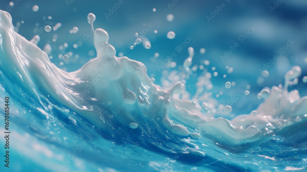 Poster a close-up image of splashing water creating beautiful patterns on a blue surface.