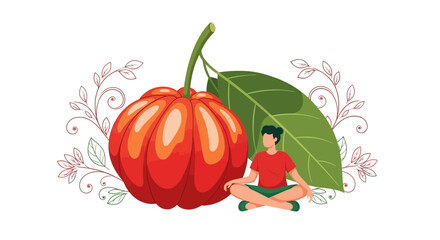 Woman Meditating Beside Organic Acerola Cherry With Leaf Background Illustration