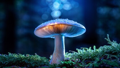 macro illustration of a glowing bioluminescent mushroom with radiant light patterns in a dark fantasy forest environment
