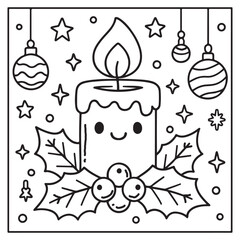 cute candle with holly bold & easy cute christmas coloring page, Whimsical Gingerbread House Coloring Pages for Kids & Adults, Christmas Coloring Pages, bold & easy cozy winter coloring book pages,