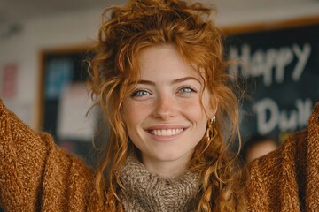 Cheerful Teacher Girl with luxurious red hair celebrating Happy Teachers Day in a classroom