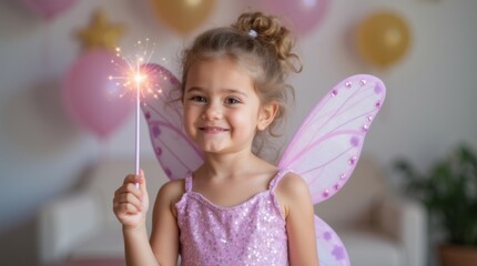 Close-up portrait smiling little girl pastel purple fairy wings glittery dress holding magic wand birthday celebration indoors

