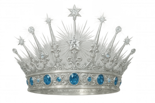 Ornate silver royal crown featuring deep blue gemstones and star-shaped crystals, gleaming against transparent backdrop for fantasy design concepts - Powered by Adobe