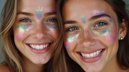 Fototapeta premium Close-up portrait two best friends elaborate rainbow glitter makeup cheeks around eyes facing camera big smiles beautiful artistic cosmetics
