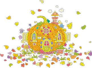 Cozy small house from pumpkin with windows, door, chimney pipe and mailbox surrounded by colorful falling and swirling autumn leaves, vector cartoon illustration on white