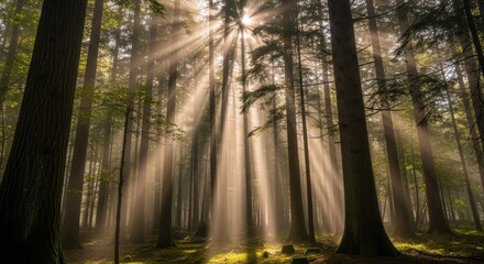 Sunlight breaking through a dense forest canopy creating god rays