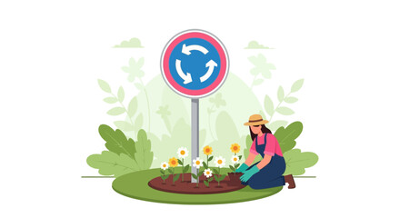 Woman Planting Flowers Near Roundabout Sign Creating A Harmonious Scenery