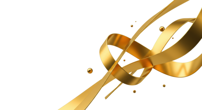 Elegant, flowing golden metallic ribbons and curved shapes swirl and interlace on a minimalist transparent background with high-key studio lighting and copy space. Concept of fluid progress and luxury