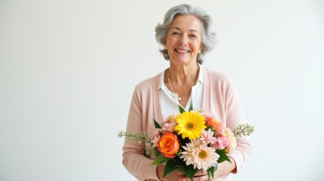 Elegant elderly woman with gray hair wearing soft pastel cardigan holds colorful birthday bouquet of mixed flowers including roses and daisies, genuine smile, bright natural lighting, clean white back