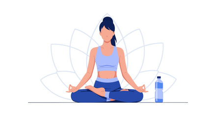 Woman Practicing Meditation With Water Bottle on White Background Illustration