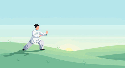 Obraz premium Woman Practicing Tai Chi On A Green Hillside At Sunrise For Health