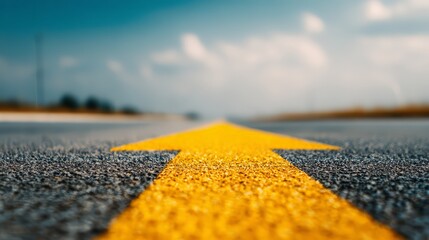 A close-up view of a yellow arrow marking the road under a bright blue sky.