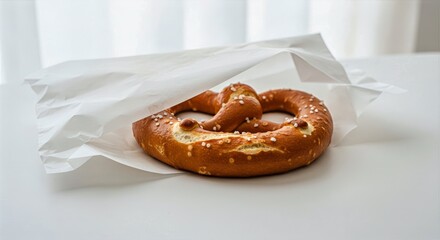 Golden pretzel peeking out from crisp white paper wrapping against airy daylight background
