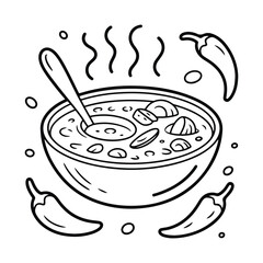 Hot Soup Bowl Coloring Page with Noodles, Vegetables and Chili Peppers for Kids and Adults