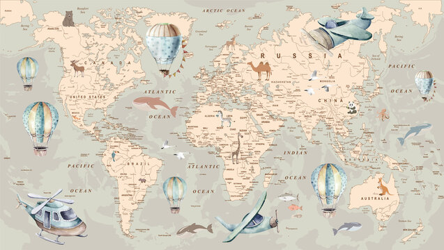 Fototapeta children's picture world map with airplanes and balloons in retro style for children's wallpapers and backgrounds and illustrations