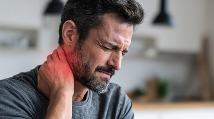 Obraz premium Distressed Individual Experiencing Neck Discomfort at Home Amidst Health Challenges