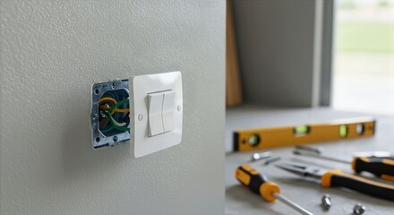 Soft natural lighting illuminates a partially installed modern white light switch amidst tools on a grey garage wall while replacing light switch in garage