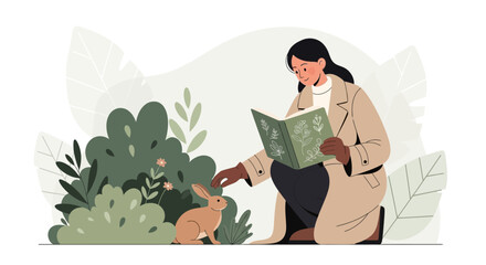 Woman Reading Botanical Book in Nature with a Gentle Touch to a Rabbit