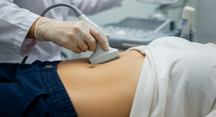 Woman getting ultrasound diagnostic from doctor for medical examination in clinic