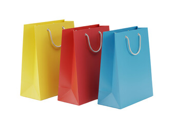 Pristine, uncreased yellow, red, blue paper shopping bags with rope handles on a transparent background with copy space, clean and vibrant retail acquisition concept