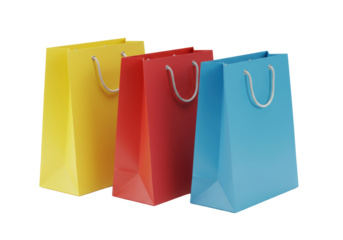 Pristine, uncreased yellow, red, blue paper shopping bags with rope handles on a transparent background with copy space, clean and vibrant retail acquisition concept