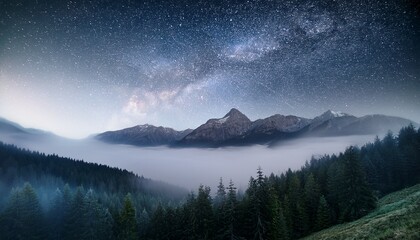 mountain landscape with misty slopes and dramatic cloud cover