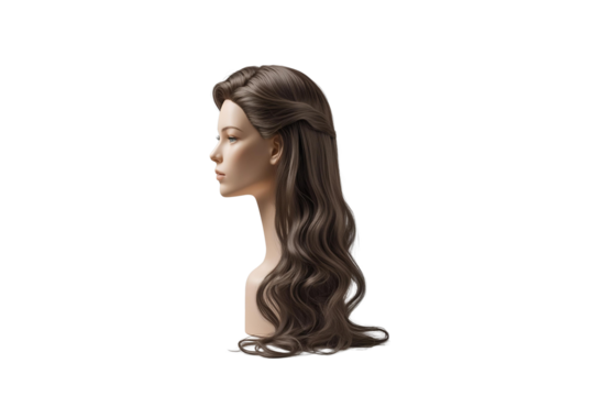 a mannequin head with dark long hair, it gives a strong emphasis on the hairstyle, no background.
