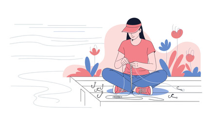 Woman Sits On Pier Crafting Fishing Line with Hooks On the Edge of the Lake