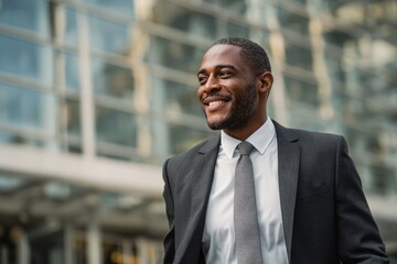 Naklejka premium Joyful African American Manager Strolling Past Modern Office Building