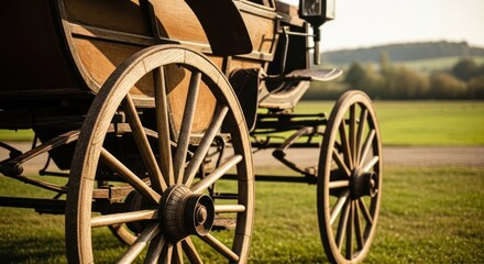 Fototapeta premium Antique horse-drawn carriage on a sunny green meadow landscape.