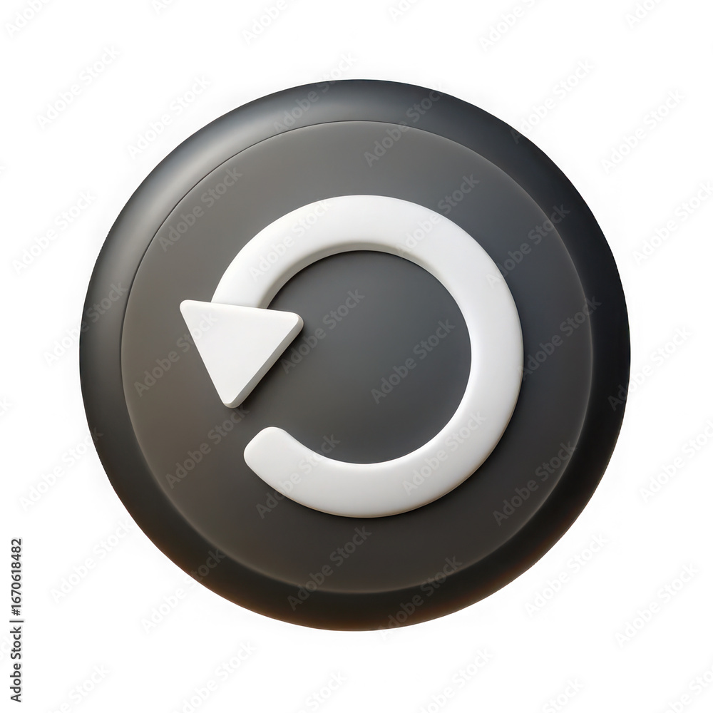 Poster a white circular arrow icon representing refresh or reload isolated on a dark textured button agains